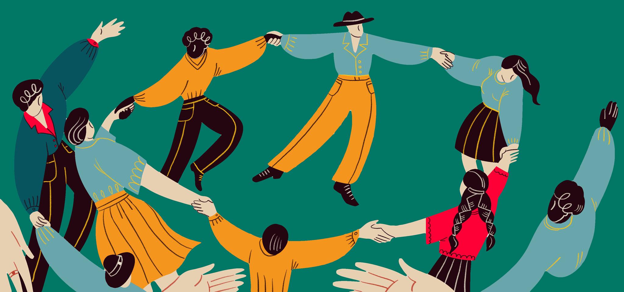 Illustration mit tanzenden Menschen auf grünem Hintergrund
